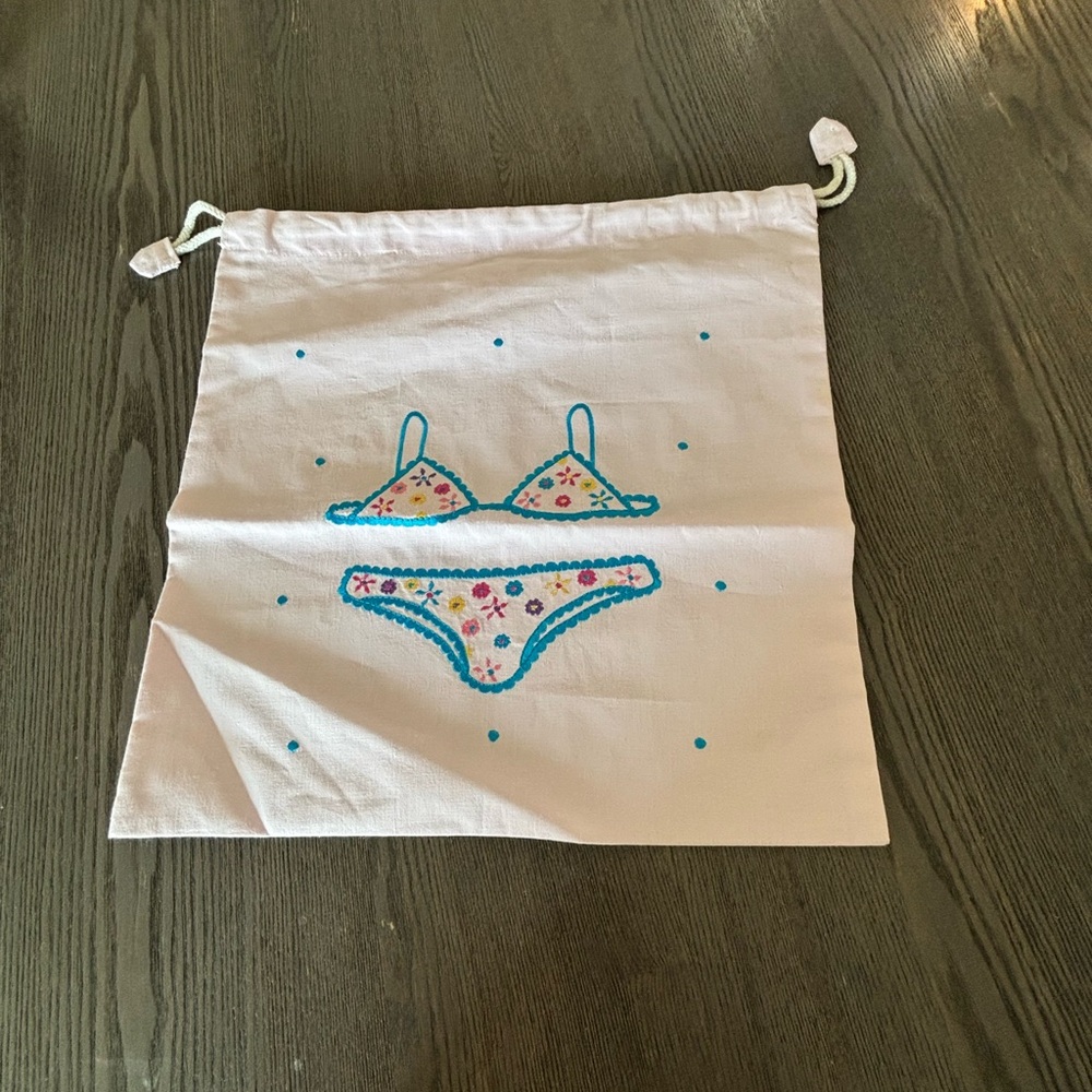 White Bikini Drawstring Bag with Blue and Pink Accents - Picture 7 of 9